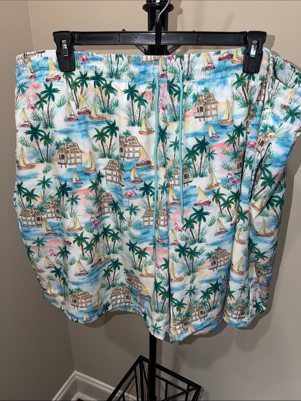 Caribbean Tropical Print Men’s Swim Trunks — Blue, Green, Pink, Yellow